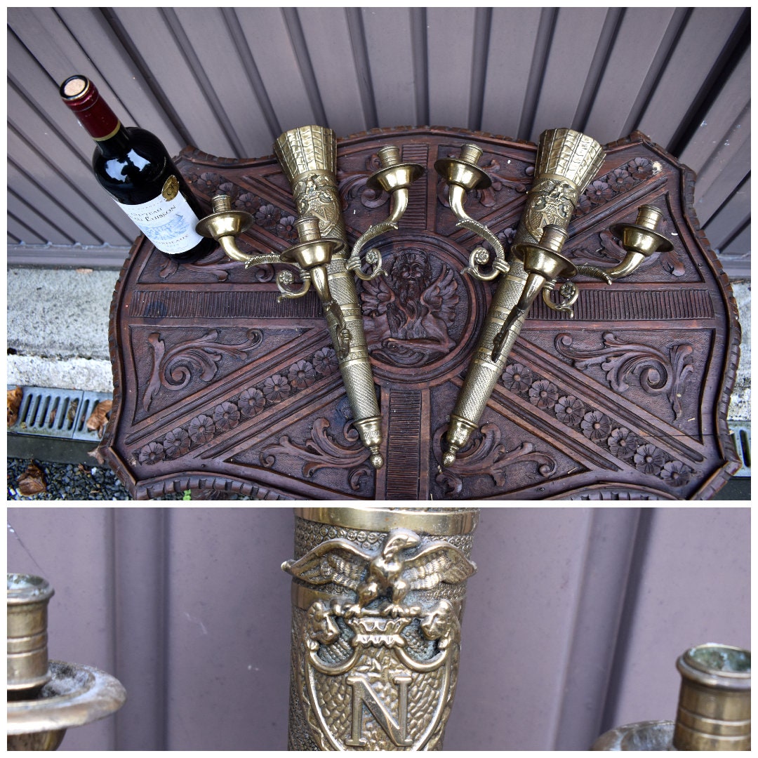 Pair antique 19thc bronze napoleon eagle n wall candle holders sconces 3 arms