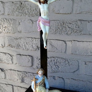 Antique french vieux paris porcelain crucifix holy water font saint john baptist