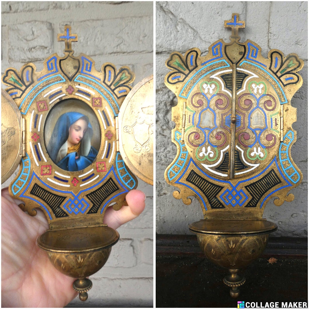 Antique French Holy Water Font Porcelain Medaillon Madonna Cloisonne