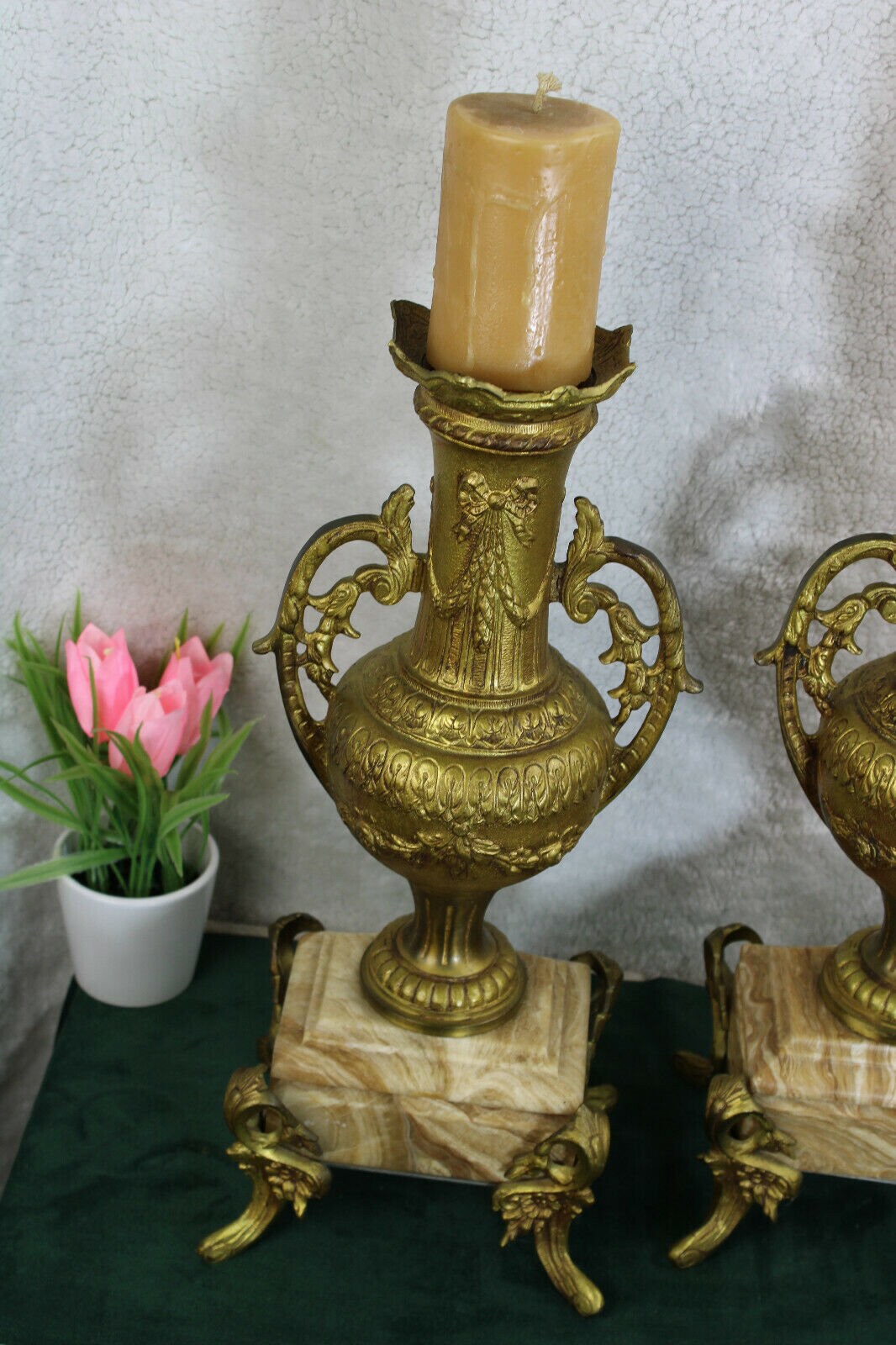 Antique pair heavy bronze onyx marble candle holders Etsy