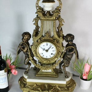 Xl bronze marble faun putti cherub mantel clock