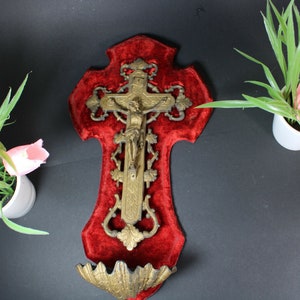Antique french brass red velvet crucifix holy water font 1893 dated relgiious