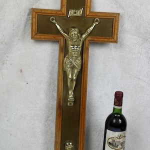 Xl antique french crucifix wood carved metal christ cross religious
