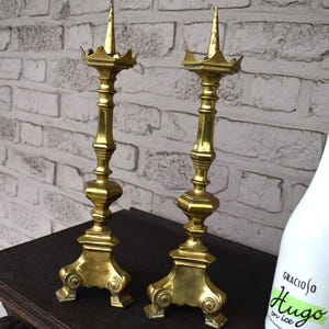 Pair antique bronze church candlesticks candle holders religious