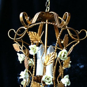Vintage italian mid century cage metal gold gilt porcelain flowers chandelier