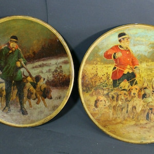 Antique pair metal plates oil paintings by albert de gesne hunting signed
