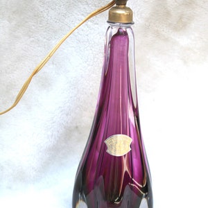 Val saint lambert amethyst purple crystal glass table lamp marked 1950s