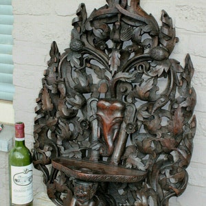 Antique xl hand wood carved religious burmese wall console elephant figurine