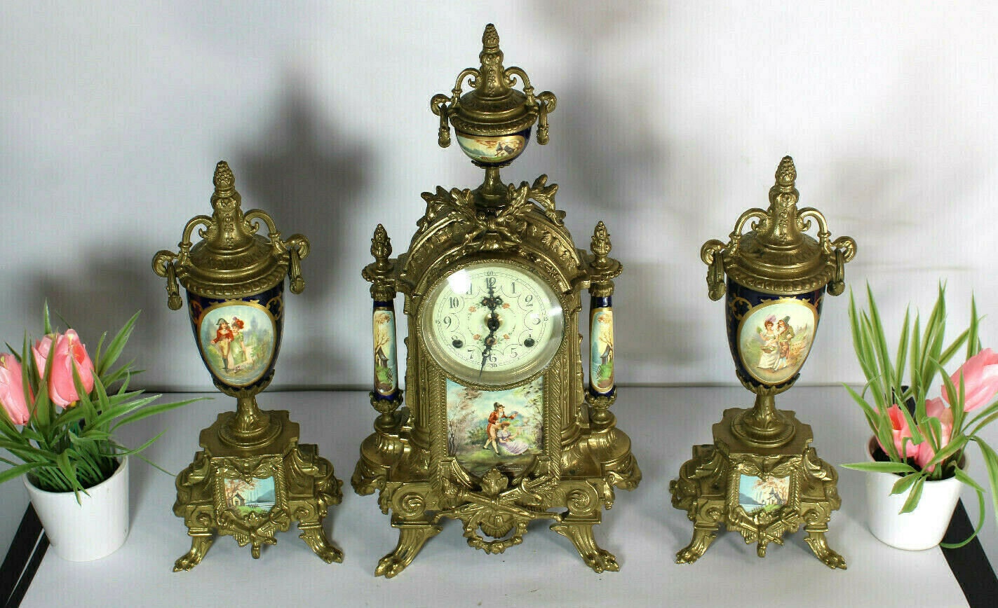 Vintage clock mantel set urns bronze porcelain victorian scene Etsy