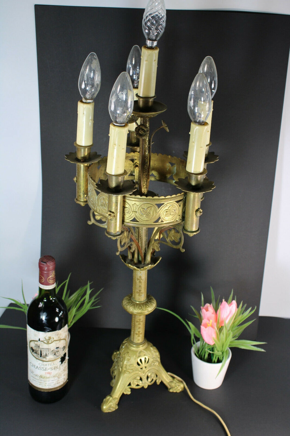 Antique french church candelabra candlestick neo gothic lamp Etsy