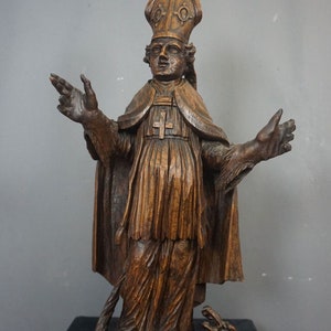 Antigo xl 30,7 &quot;1700 madeira esculpida saint servatius dragão bispo estátua rara