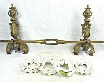 Bronze antique fireplace andiron mantel set fleur de lys caryatid satyr devil