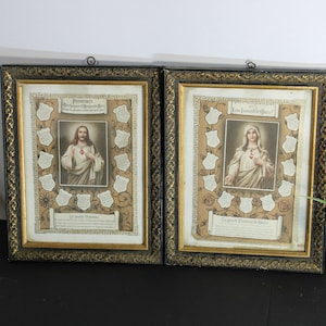 Pair antique french litho sacred heart jesus mary portrait wall panel