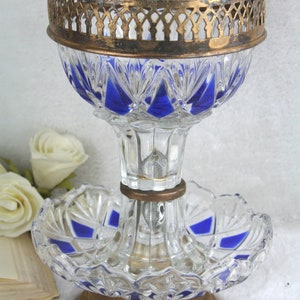vintage français pièce maîtresse de table bol bonbons bleu cristal clair verre cristal coupé