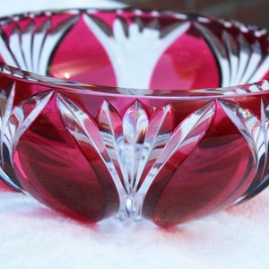 Val saint lambert cranberry crystal glass bowl signed