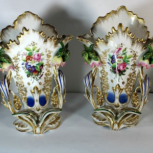 Antique pair french vieux paris porcelain hand paint floral vases 1900