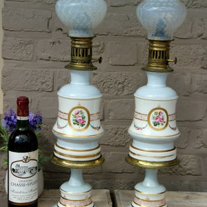 Rare pair antique french porcelain hand paint oil petrol lamps floral