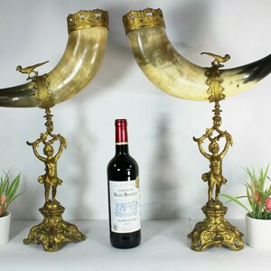 Pair antique french bronze cherub putti horn cornucopia birds rare