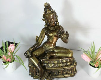Vintage  bronze statue goddess buddhist green tara