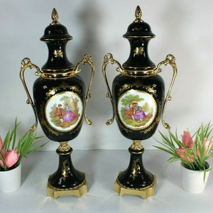 Pair vintage french limoges porcelain swan handle vases