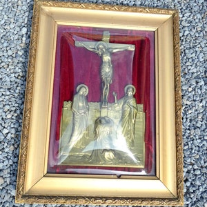 Antique french religious plaque with crucifix calvary scene metal inside