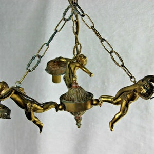 French angel putti cherubs 3 arms chandelier pendant bronze 1960s