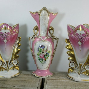 Antique set 3 vieux paris porcelain pink floral vases