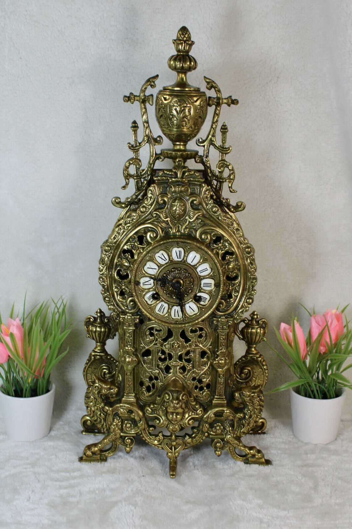 Large french bronze mantel clock lions caryatid heads Etsy