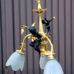 Vintage bronze brass putti cherub angel chandelier lamp rare glass shades