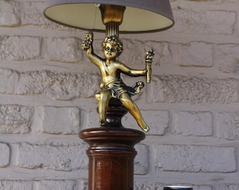 Vintage Franse messing houten putti cherubijn tafellamp
