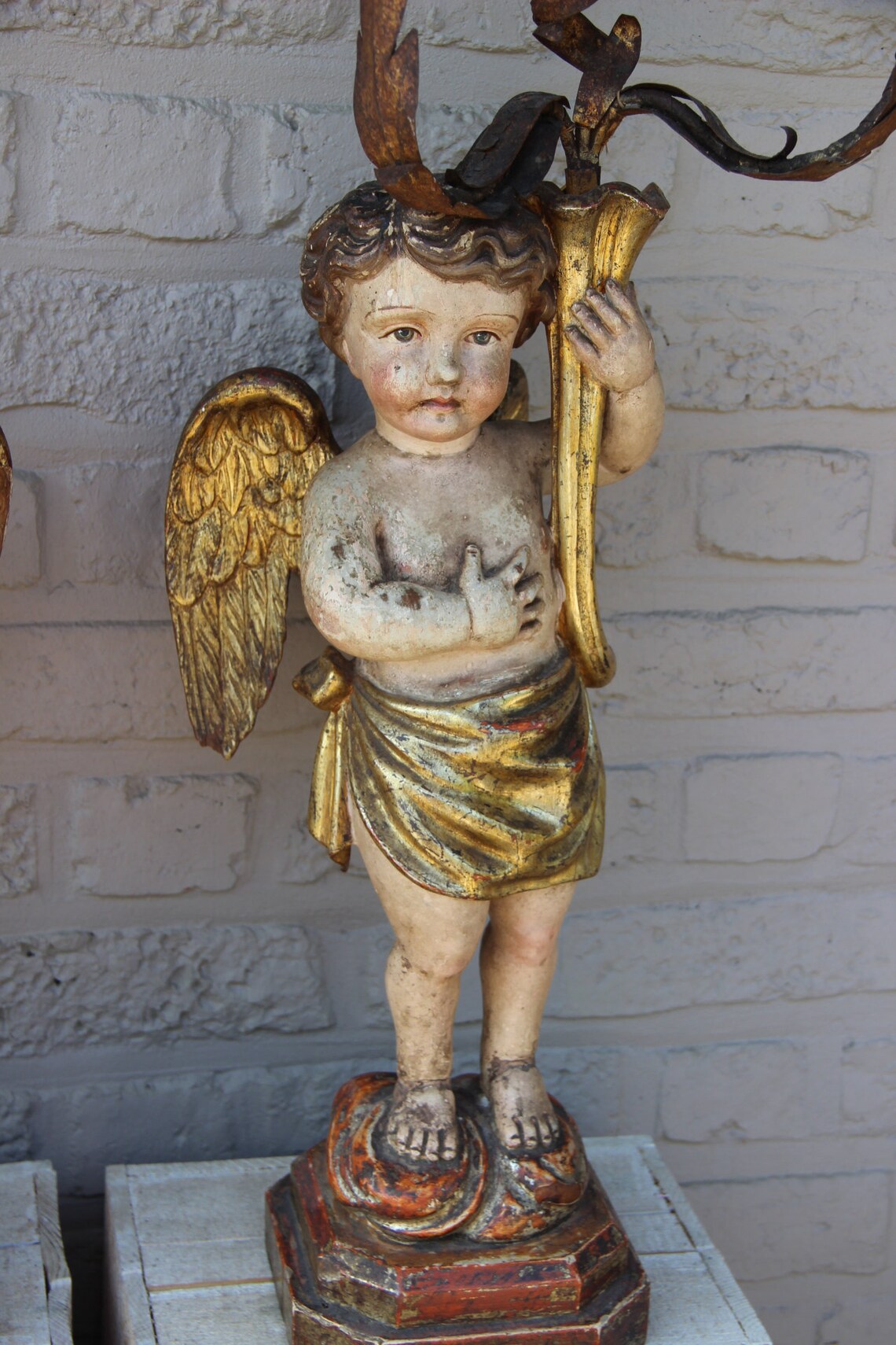 PAIR 34.6 XL antique wood carved putti Angel religious image 4