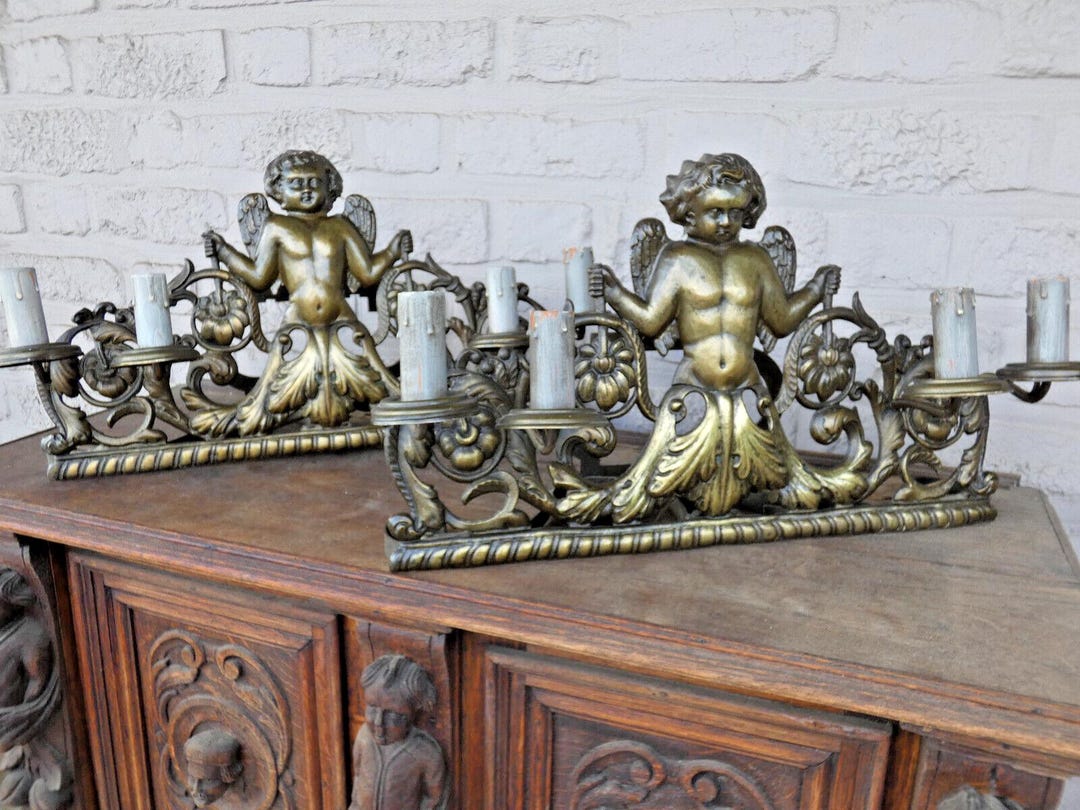 Pair Antique French Putti Cherub Xl Metal Bronze Patinated Wall Lights ...