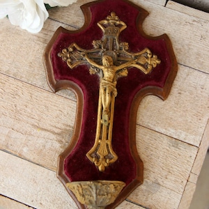 Old french antique holy water font brass crucifix red velvet religious