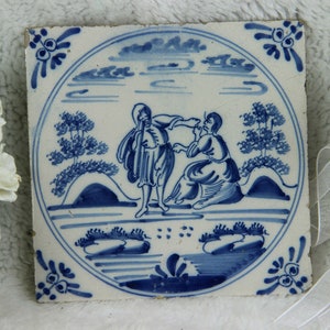 Antique 18thc delft pottery tile ceramic bible religious scene