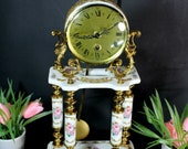 Vintage mantel porcelain clock floral figurine top 1970