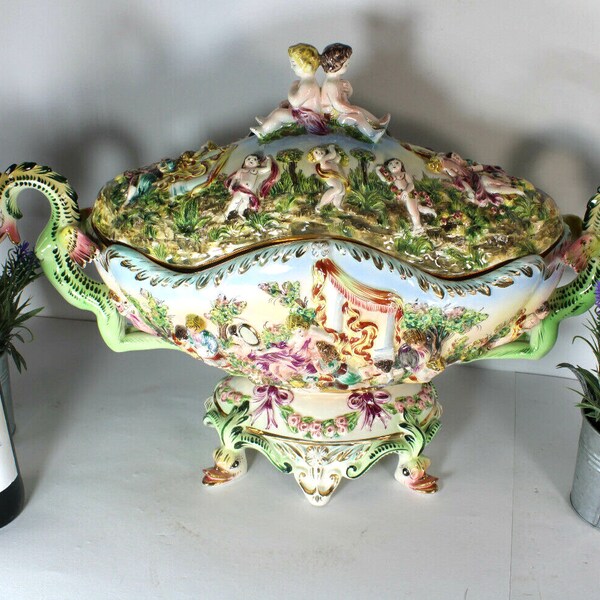 Majestical xxl italian capodimonte porcelain dragon centerpiece bowl cherubs