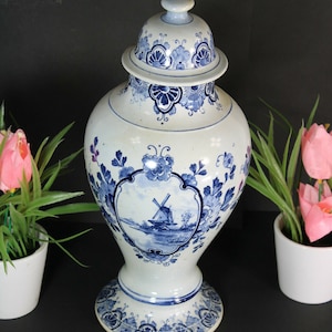 Vintage delft pottery vase mill landscape marked
