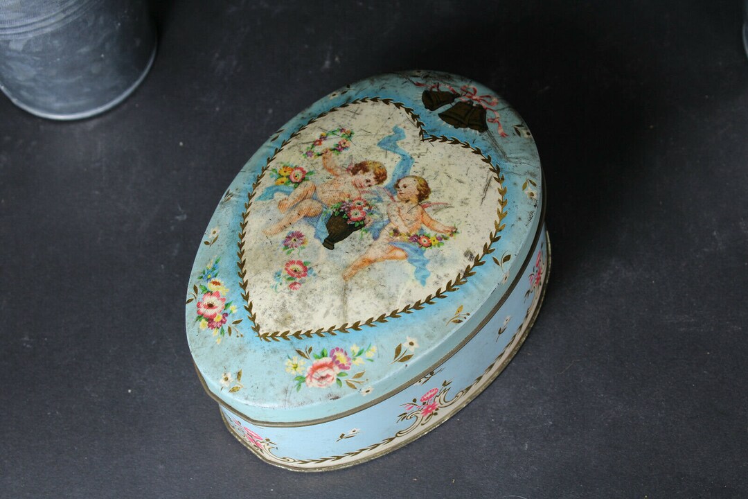 Vintage Cote D'or Belgian Easter Tin Eggshaped Chocolate Box Putti