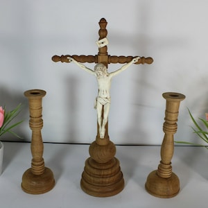 Vintage french crucifix religious set candle holders
