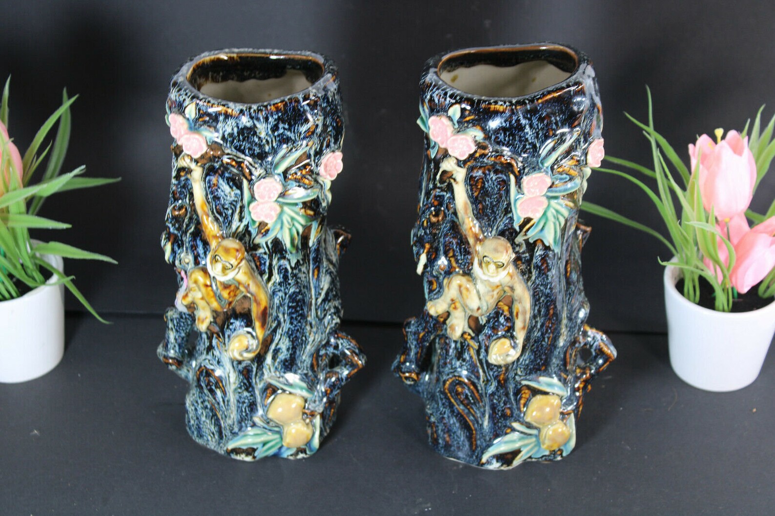 Pair vintage barbotine majolica monkey vases Etsy