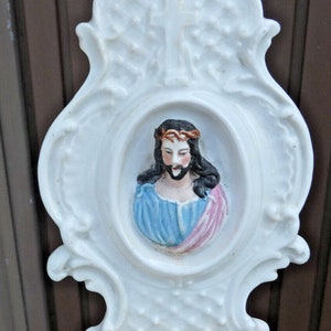 Antique vieux paris porcelain  jesus portrait holy water font plaque