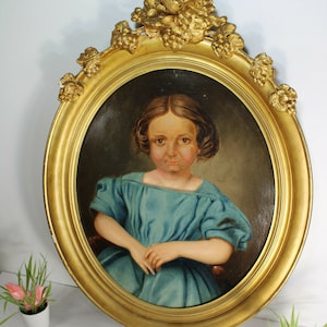 Antiguo retrato francés de cartón al óleo pintura de niña 19thc