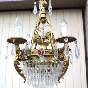 French bronze caryatid figural porcelain flowers crystal pendants chandelier