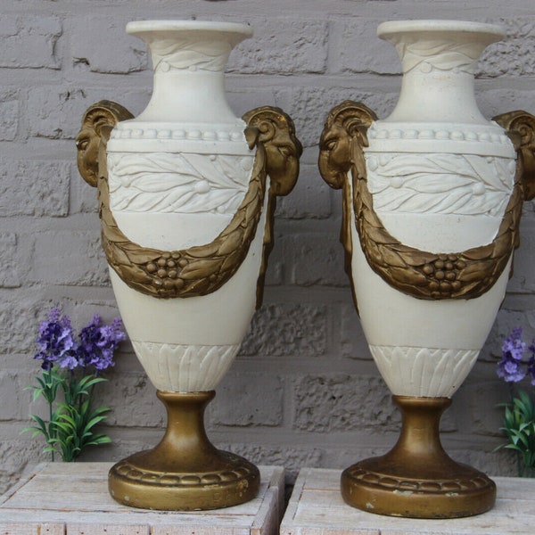 Pair large antique french chalkware paint ram heads floral decor vases