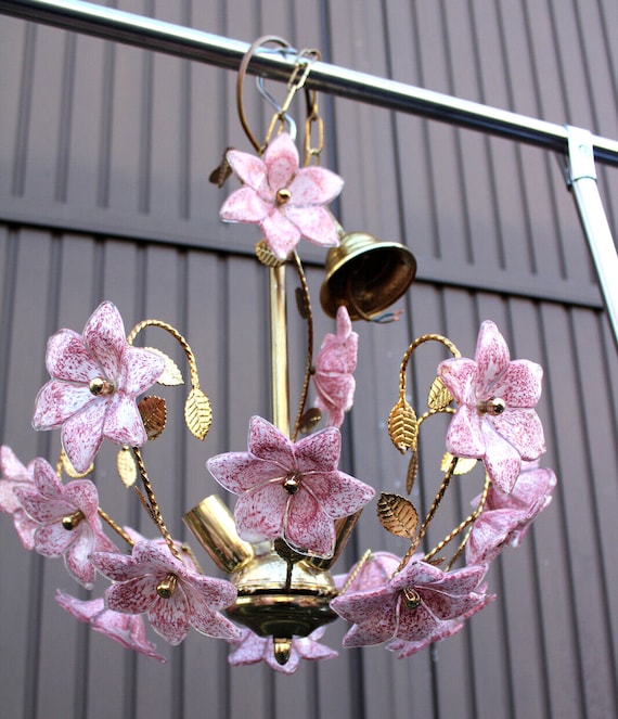 Vintage Italian Murano Glass Flower Pink Brass Chandelier
