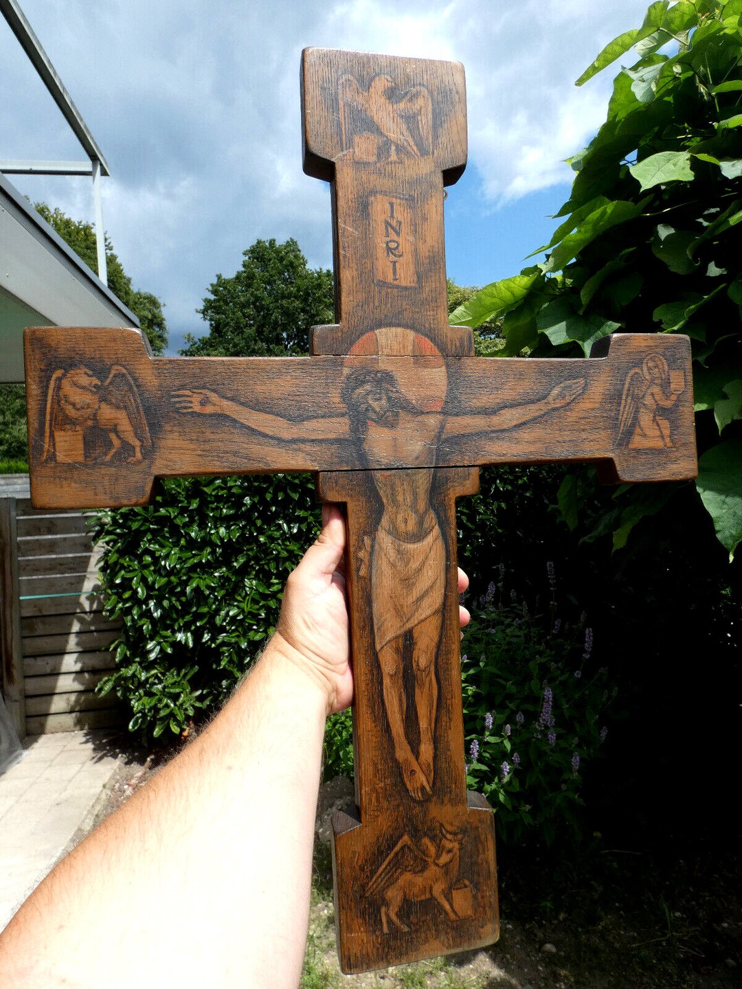 Vntage 60s Wood Carved Pyrography 4 Evangelists Symbols Crucifix Cross ...