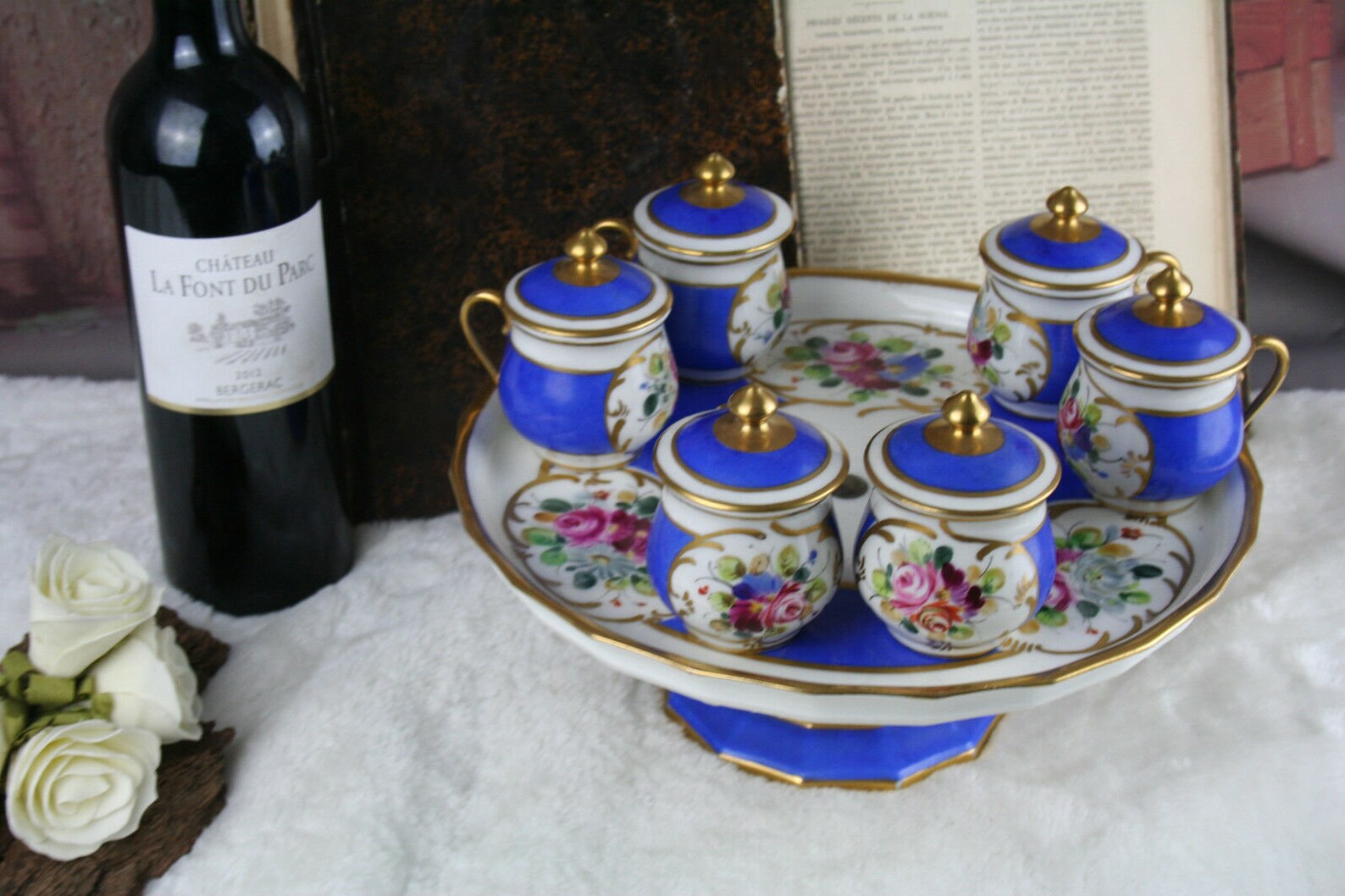 Antique french serving tray 6 cream pots sevres floral Etsy