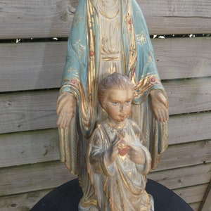 Antique french wood carved polychrome mary jesus statue sculpture rare religious