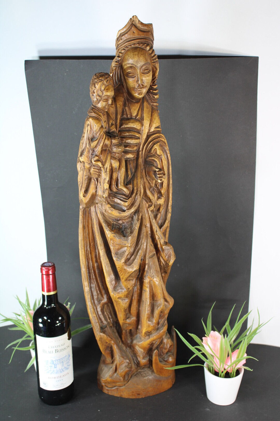 Antique 29,5" Xl French Wood Carved Madonna Child Statue Figurine - Etsy