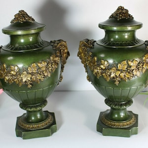 Pair xl antique chalkware art nouveau satyr devil head amphore vases marked